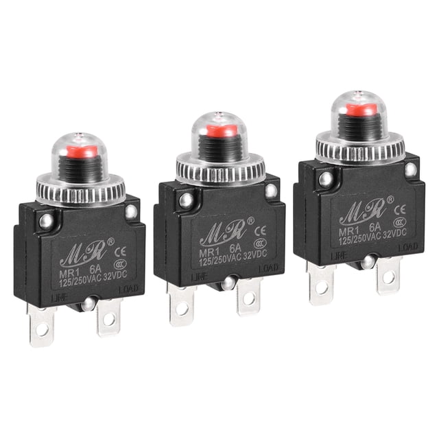 Unique Bargains Circuit Overload Protector 6A AC125/250V DC32V Push Button Thermal Circuit Breaker with Waterproof Caps 3pcs