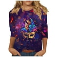 thumbnail image 2 of Cavosen Mardi Gras Ladies Blouses 3/4 Sleeve Carnival Shiny Mask Graphic Print Blouse Round Neck Party Festival Shirts Loose Fashion Holiday Tops Dressy Party Funny Tees XL, 2 of 5