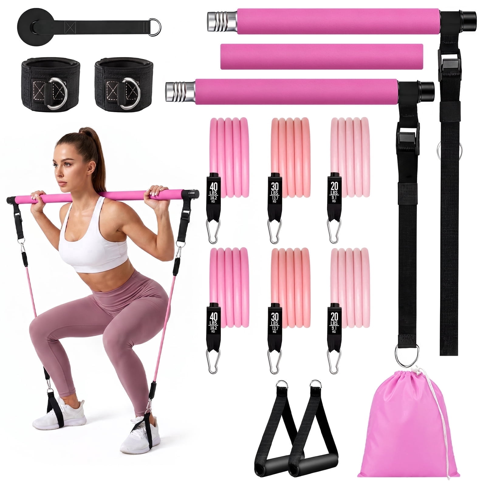 Pilates Bar Kit with Resistance Bands, Adjustable 3-Section Yoga Pilates Kit, Exercise Bands Workout Equipment for Legs, Hips, Arms & Waist, Home Workouts Fitness Equipment for Women & Men
