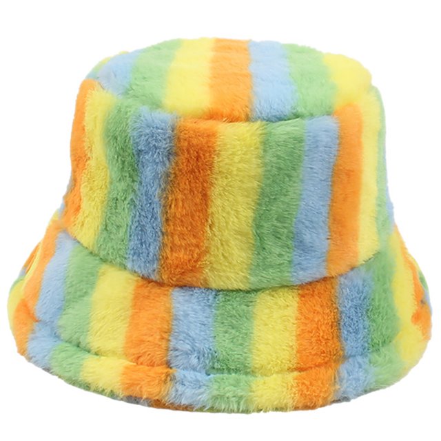 Bucket Hat Plush Adjustable Colorful Furry Fisherman Cap Bucket Cap for Women