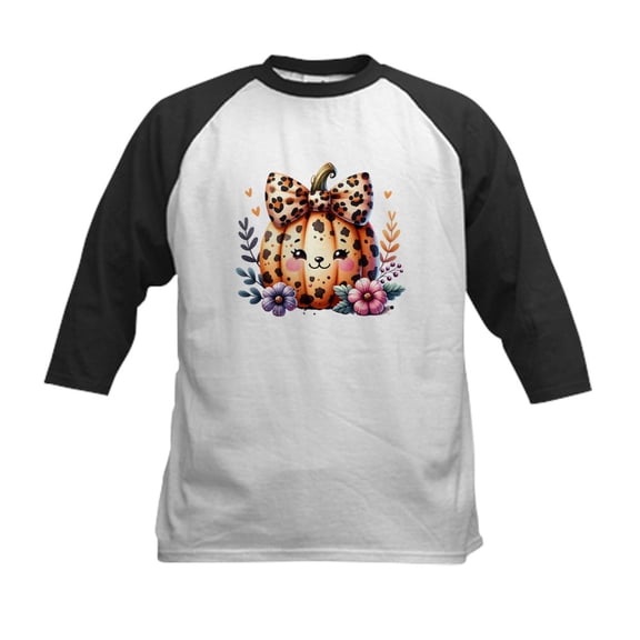 CafePress - Halloween Pumpkin Leopard Print Kids Baseball T Shirt - Kids Cotton Baseball Jersey, 3/4 Sleeve Shirt