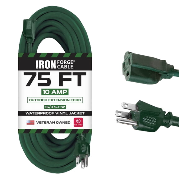 Iron Forge Cable Weatherproof 75 Ft Outdoor Extension Cord - 16/3 SJTW Heavy Duty Green Extension Cord 3 Prong - 10 Amp Exterior Power Cable