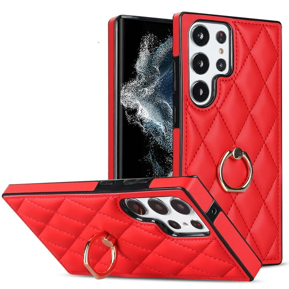 SaniMore for Samsung Galaxy S22 Ultra 6.8" 2022 Case, PU Leather Case with Luxury Fashion Lattice for Girls Women 360°Rotating Metal Ring/Kickstand Shockproof Durable Case For S22 Ultra, Red