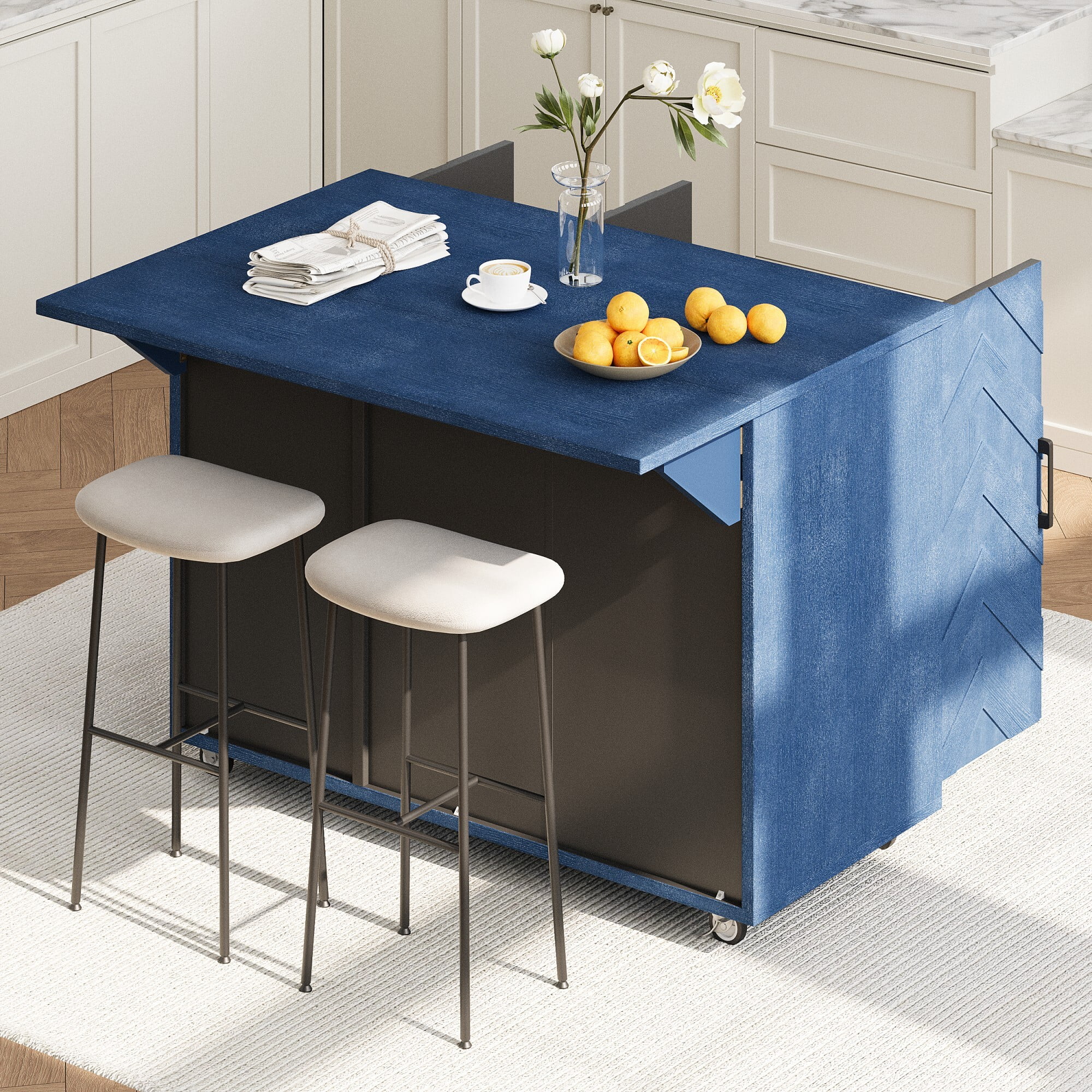 AENKYO 51.2"W 3D Wave Stripes Ash Veneer (Not Cheap Paper) Kitchen Island with Drop Leaf, Farmhouse Kitchen Island on Wheels with Internal Storage Rack, Rolling Kitchen Cart for Dining Room(Blue)