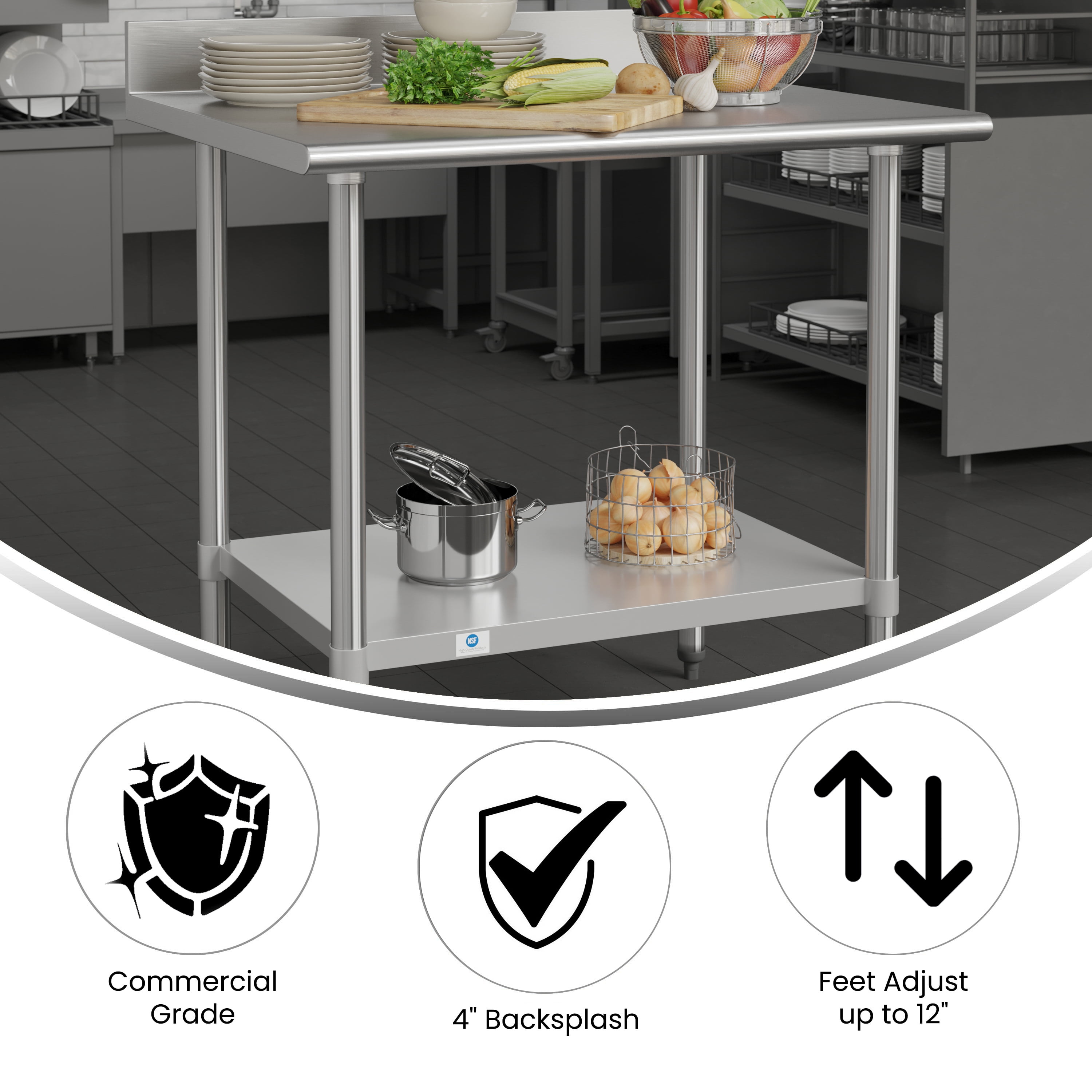 BizChair 30" x 36" Adjustable Shelf Stainless Steel General Purpose Table with 4" Backsplash