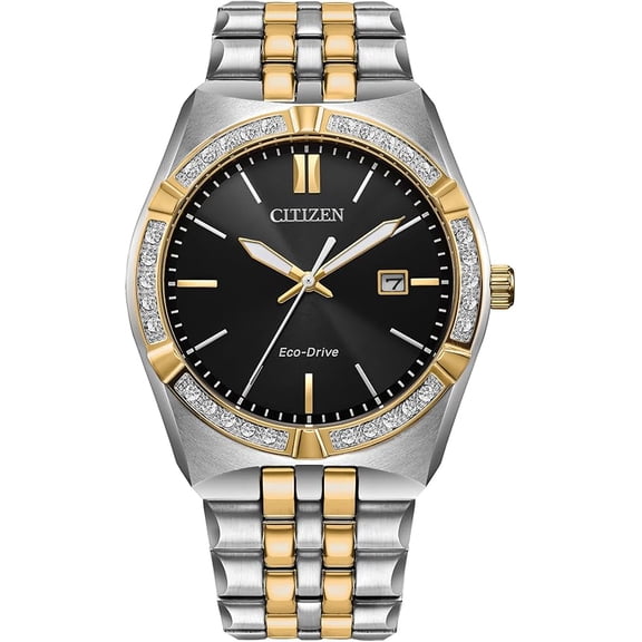 Citizen Corso Diamond Bezel Black Dial Two-Tone Stainless Steel Mens Watch
