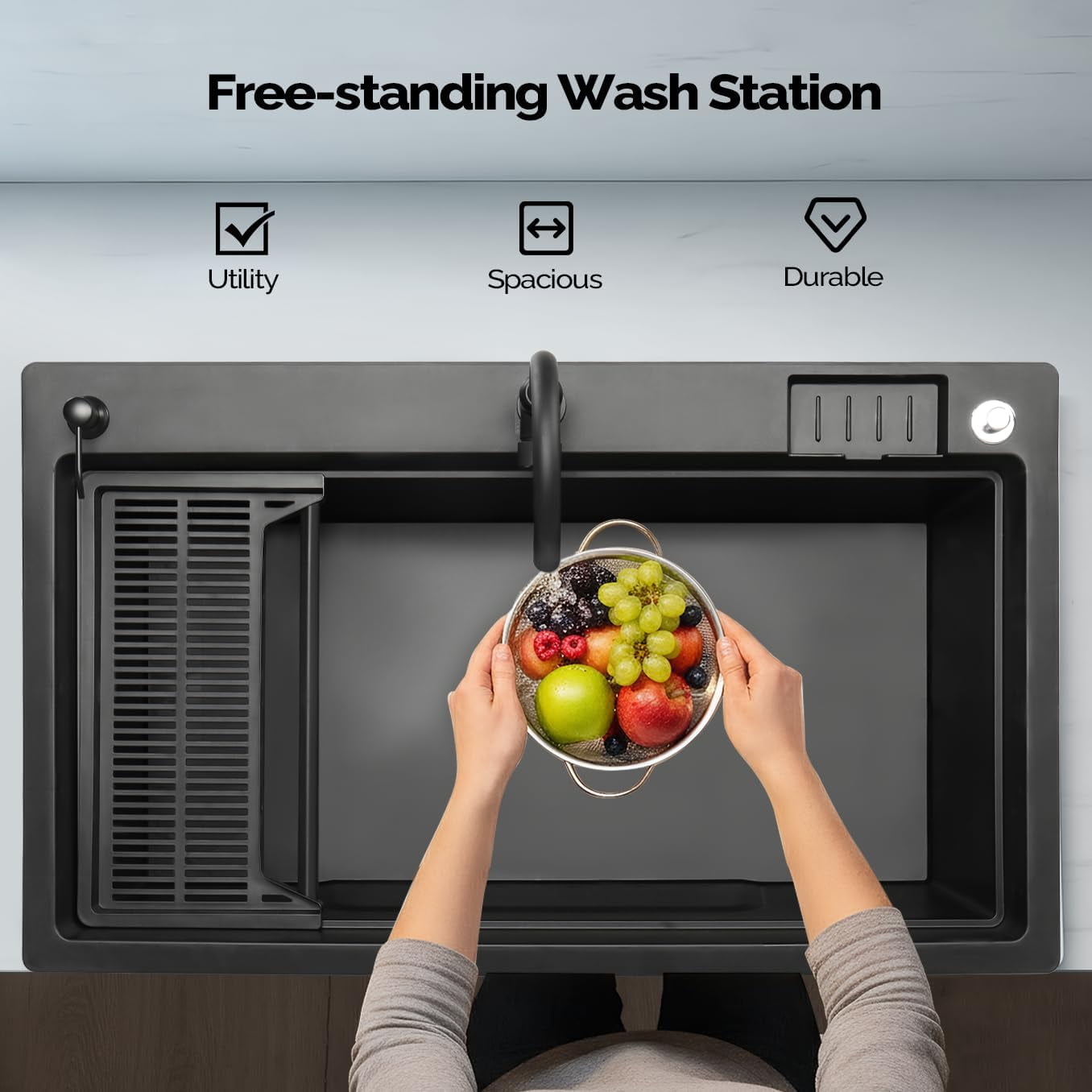 Ktaxon 27 Gallon Plastic Utility Sink with Hot/Cold Faucet, 36" Freestanding Laundry Tub with Iron Legs, Storage Shelf, Drain Board, Soap Dispenser and Pop-up Button for Bathroom, Laundry Room, Black