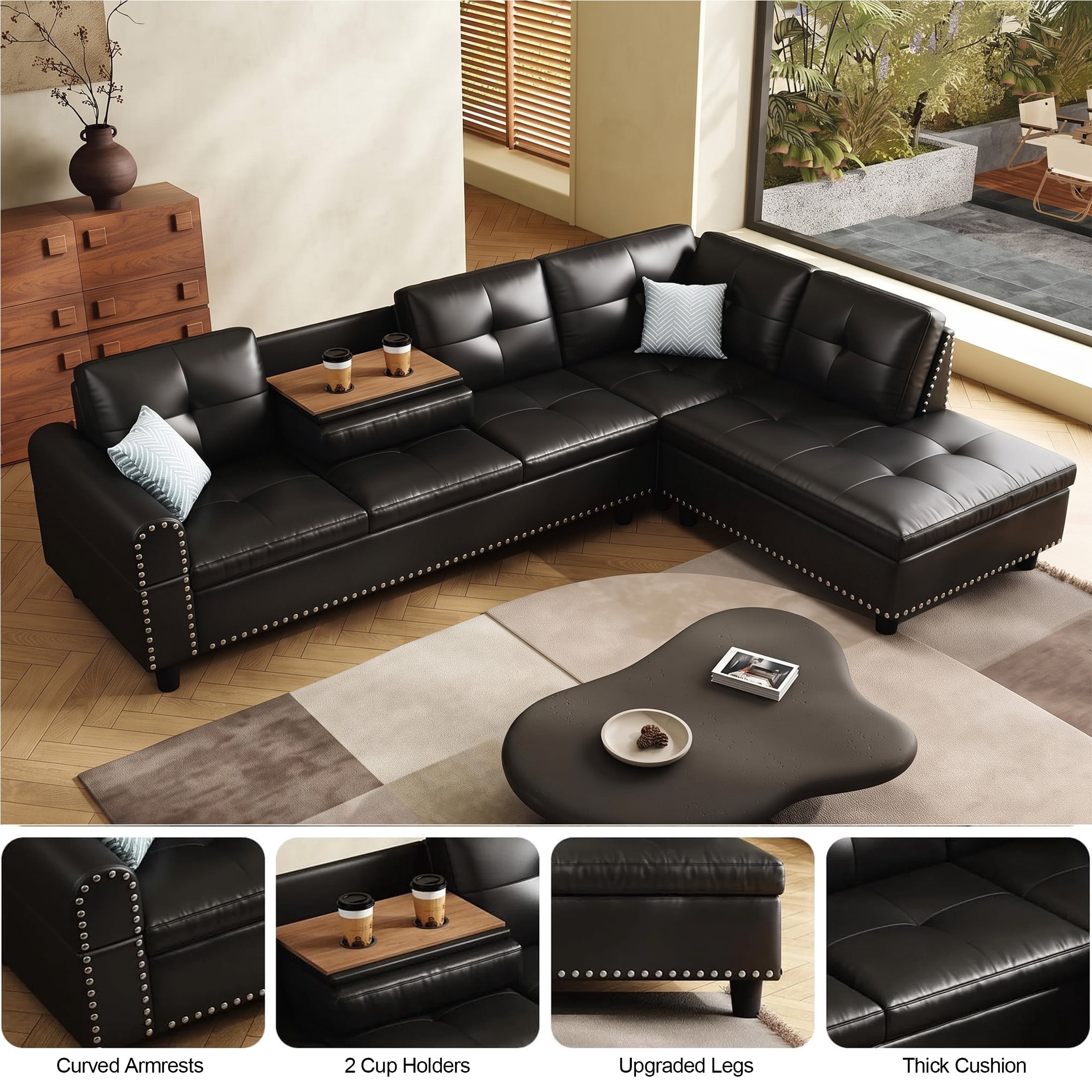 AENKYO 98" L-Shaped Sectional Sofa with Reversible Chaise and Cup Holders, Faux Leather, Black