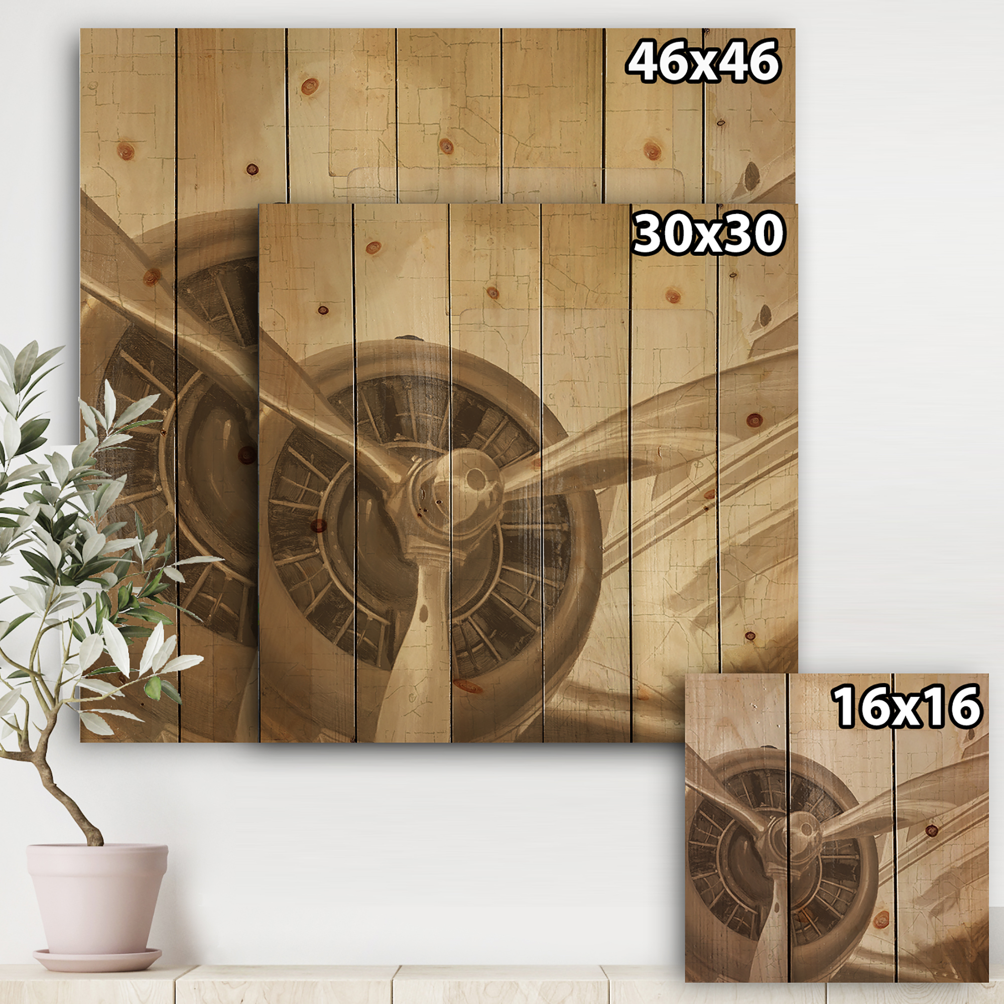 Designart 'Retro Airplanes Sepia' Vintage Transportation Print on Natural Pine Wood