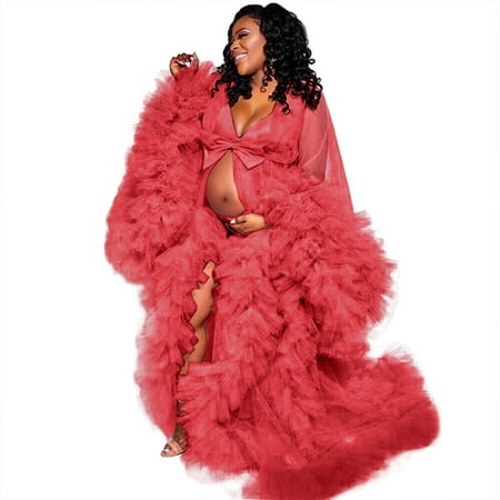 

Pregnant Dress Maternity Gowns for Photoshoot Photography Red Size S Bathgown Sleepwear Long Sleeves Ruffles Sleepwear