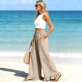 thumbnail image 4 of Linen Pants Women Flowy Ruffle Hem Wide Leg Palazzo Pants with Patch Pockets Casual Ruched Waist Summer Vacation Pant Beige M, 4 of 8