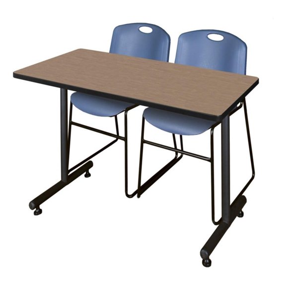 Regency Kobe 48 x 24" T-Base Seminar Table-Noble Oak/2 Zeng Stack Chairs- Blue