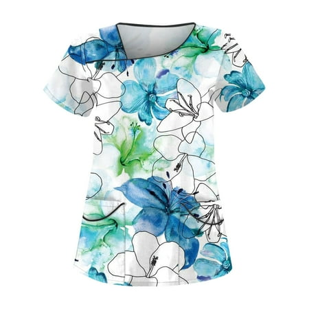 

BIZIZA Scrub Tops Women Stretchy Fitted V Neck Floral Graphic Scrub tops Plus Size with Two Pocket Short Sleeve Womens Blouses and Tops Blue L