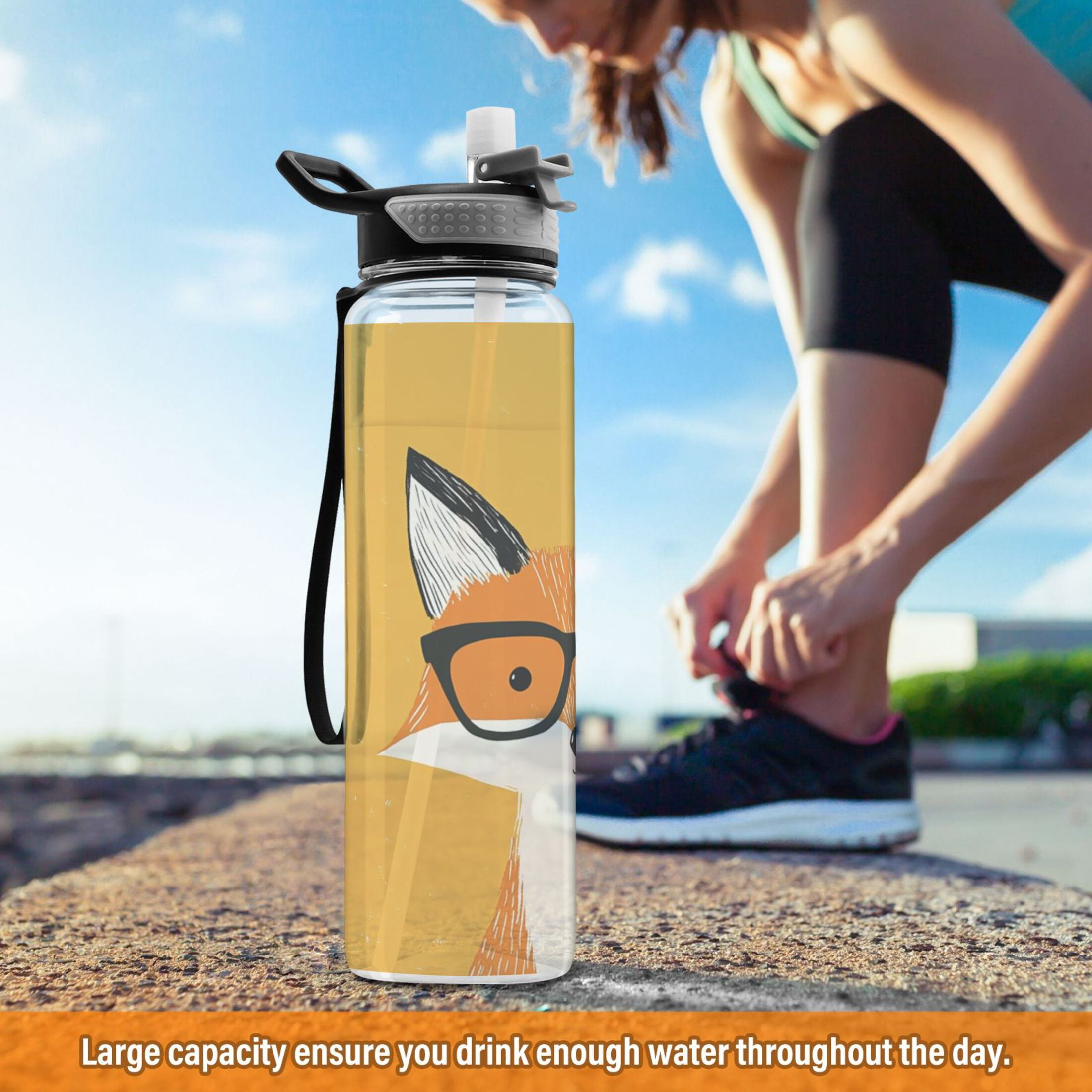 Sports Water Bottle 1000ML Tritan Food Grade Clear Water Bottle Fitness Outdoor Sports Bike Fox with Glasses
