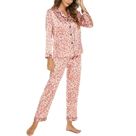 

Womens Silk Satin Pajamas Two-piece Leopard Print Long Sleeve Button Down Sleepwear Soft Comfy Pj Set Loungewear