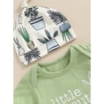 thumbnail image 4 of Suealasg 3Pcs Newborn Boy Girl Summer Outfit Short Sleeve Crew Neck Letter Print Romper Plant Print Pants Hat 3 6 12 18 Months Baby Boy Girl Clothes, 4 of 8