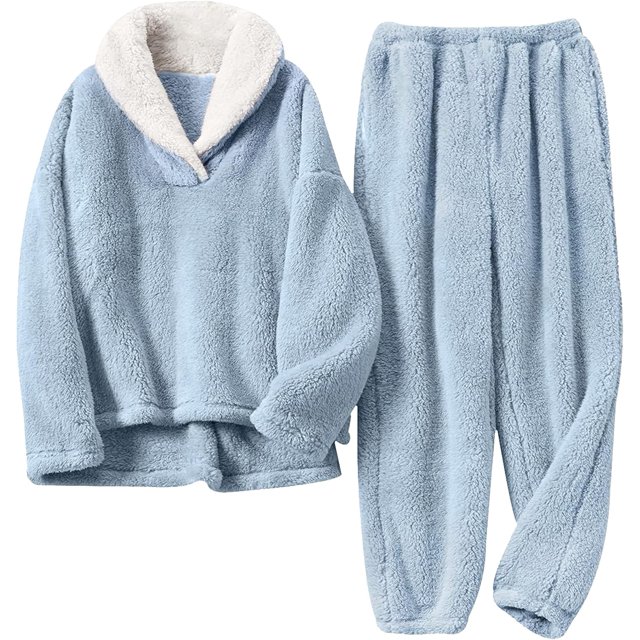 Pyjama en Molleton Sherpa Duveteux pour Femme, Chaud, à Enfiler, Col à Revers, Ensemble de Nuit