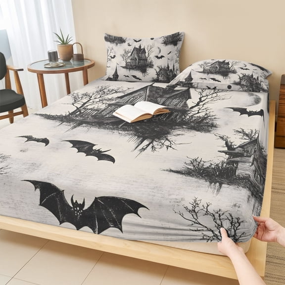 Twin XL Size Fitted Sheet Set - Grey Halloween 2 Piece Bedding Sets 16" Deep Pocket Fitted Sheet with 1 Pillowcases, Castle Bat Vintage Bare Trees Brushed Microfiber Hotel Luxury Bed Sheets