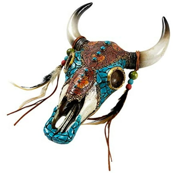 Urbalabs Tribal Longhorn Cow Skull Feathers and Horns Wall Sculpture Faux Taxidermy Animal Western Wall Mount Decor 8.5 Inches Wide Bull Statue Ranch Decoration Hand Painted (Tribal Cow Skull)