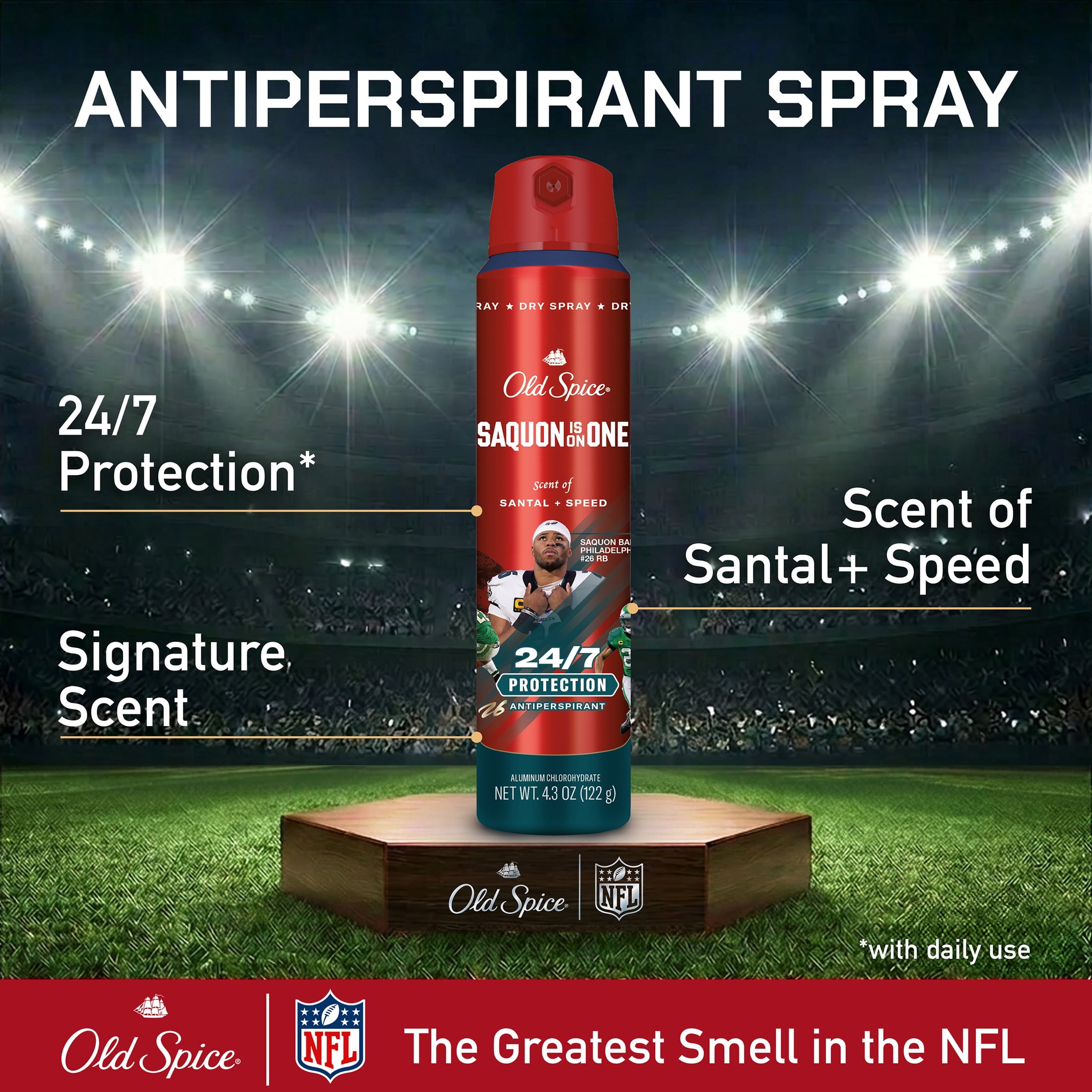 Old Spice Body Spray for Men, Antiperspirant, NFL Collection, Saquon Barkley, Scent of Santal + Speed, 4.3 fl oz