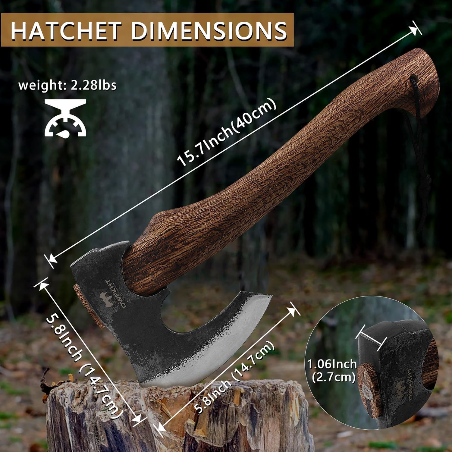 DWFKHT 15.7" Camping Hatchet Axe with Sheath, 1065 Steel Bushcraft Tool for Wood Chopping & Outdoors