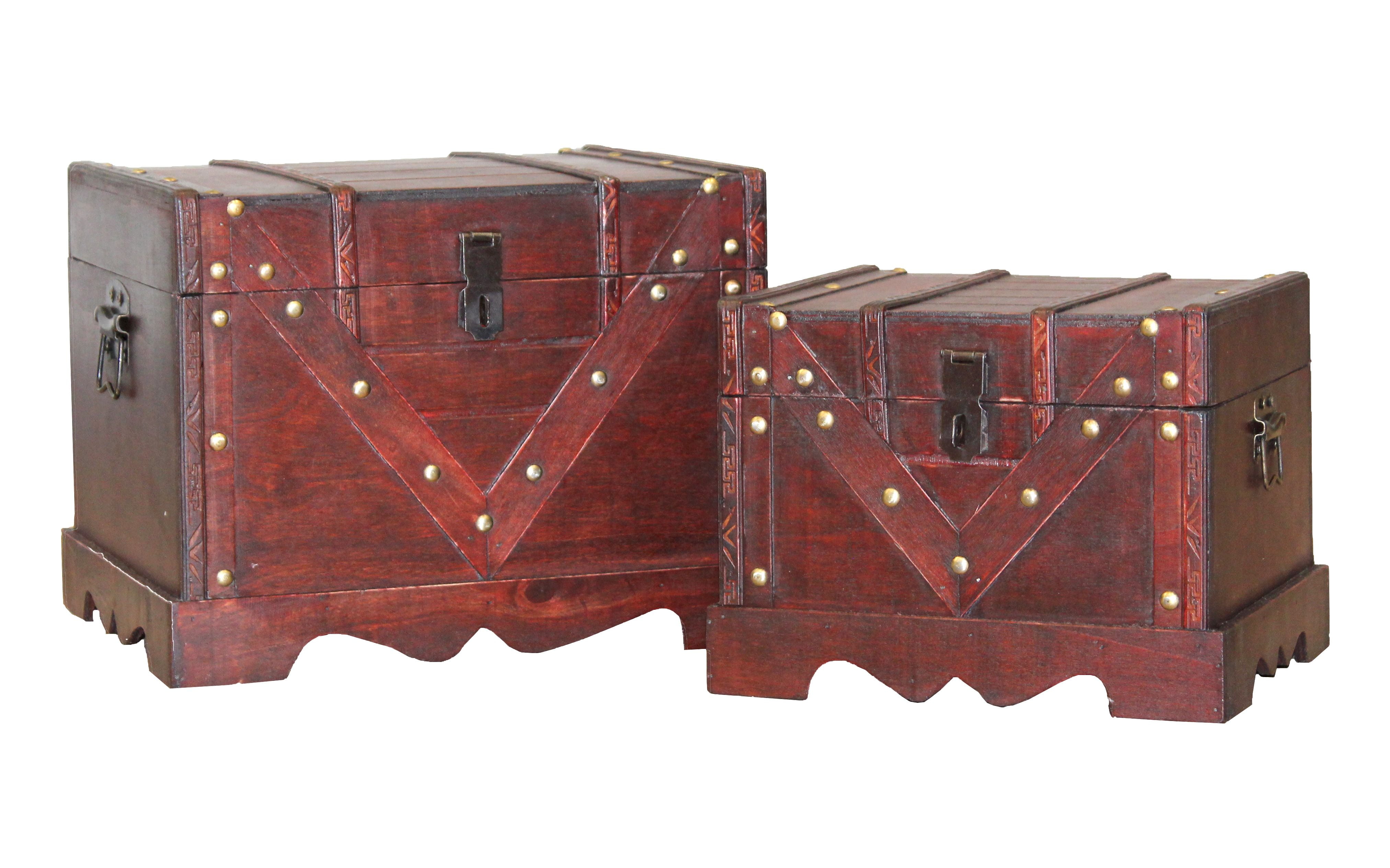 Set of 2 Wooden Treasure Box, Old Style Decorative Treasure Chest with
