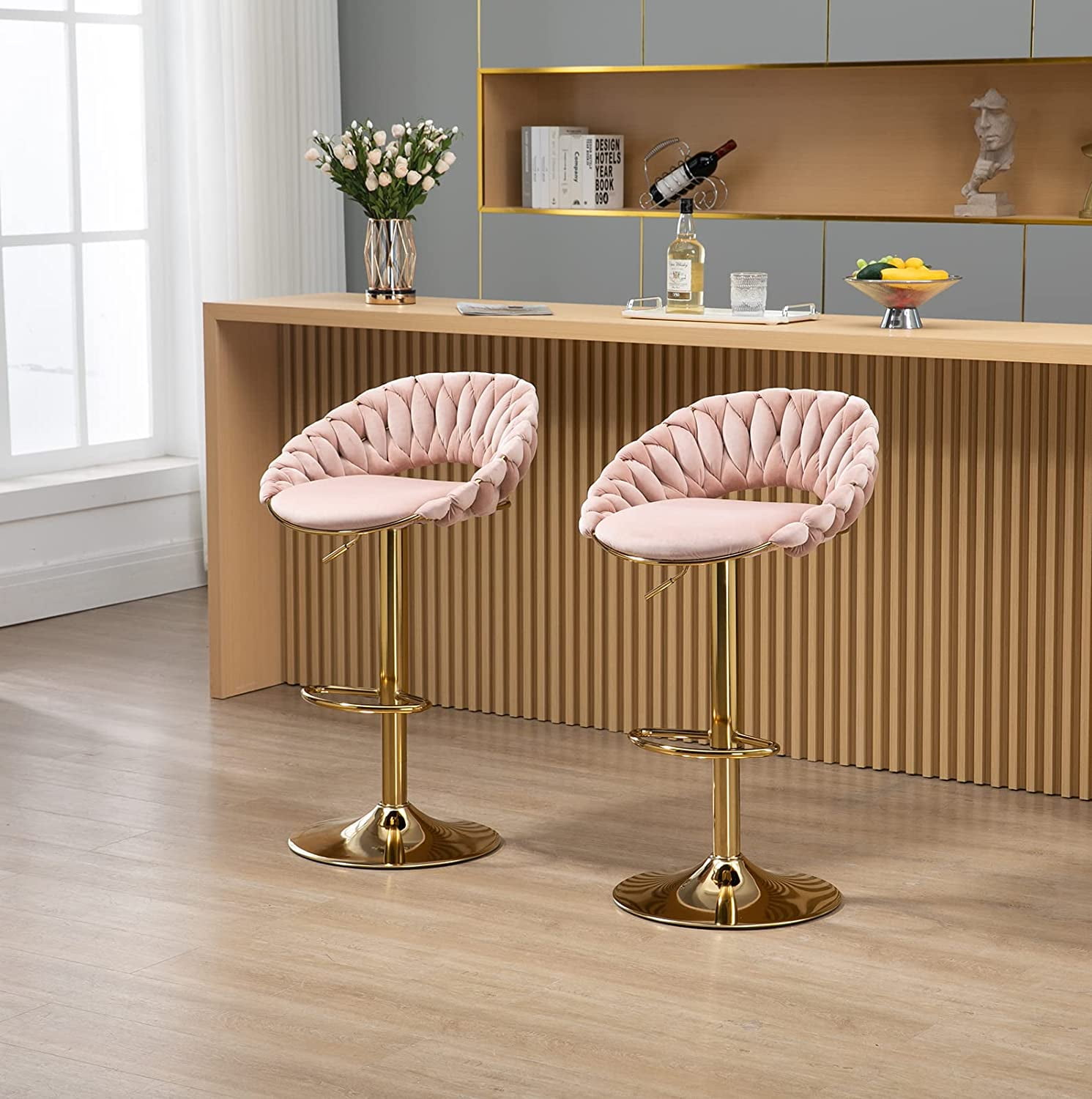 Velvet Swivel Bar Stools Set of 4, Adjustable Counter Height Bar Chairs