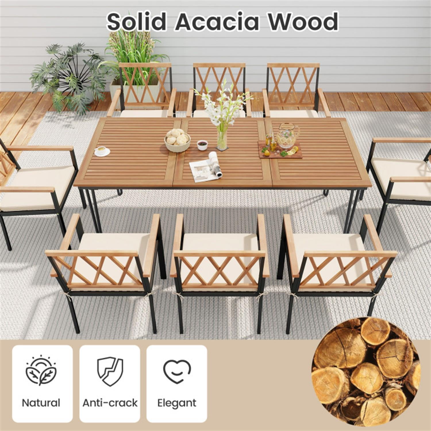 Demi Bonn 9-Piece Patio Dining Furniture Set, 35.5" Acacia Wood Table with Umbrella Hole and 22.5" Wide Chairs, Beige-A