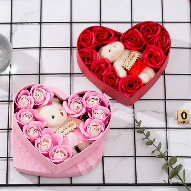 Xihbxyly Caja de Rosas En Forma de Corazón, Juego de Rosas de Jabón, Diseño de Nudo de Mariposa, Jabón de Manos y Baño de Lujo, Regalo de San Valentín, Día de La Madre, Juego de 10 Piezas, Tamaño 17