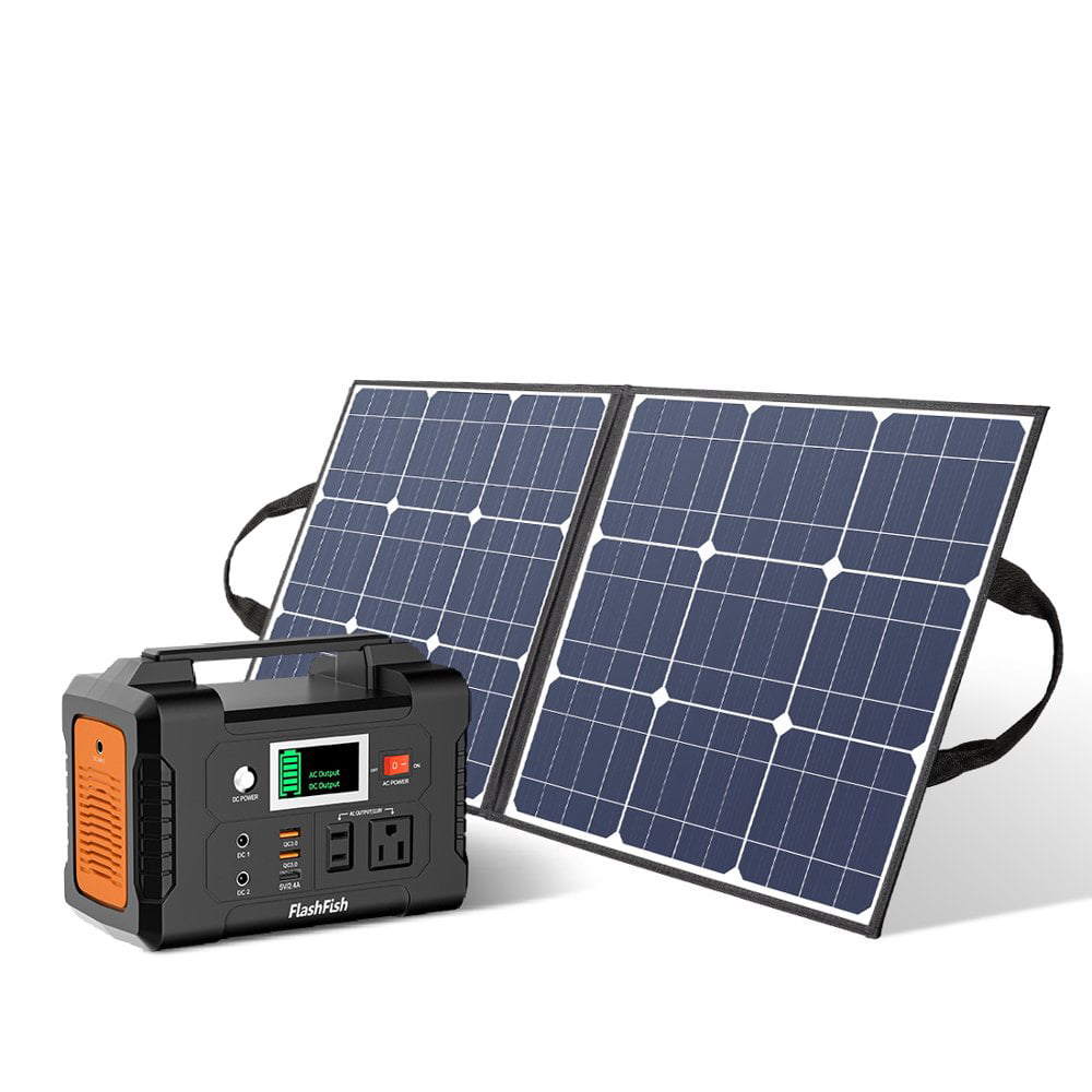 200W Portable Power Station, FlashFish 40800mAh Solar Generator with 50W  18V Portable Solar Panel, Flashfish Foldable Solar Charger with 5V USB 18V  DC 