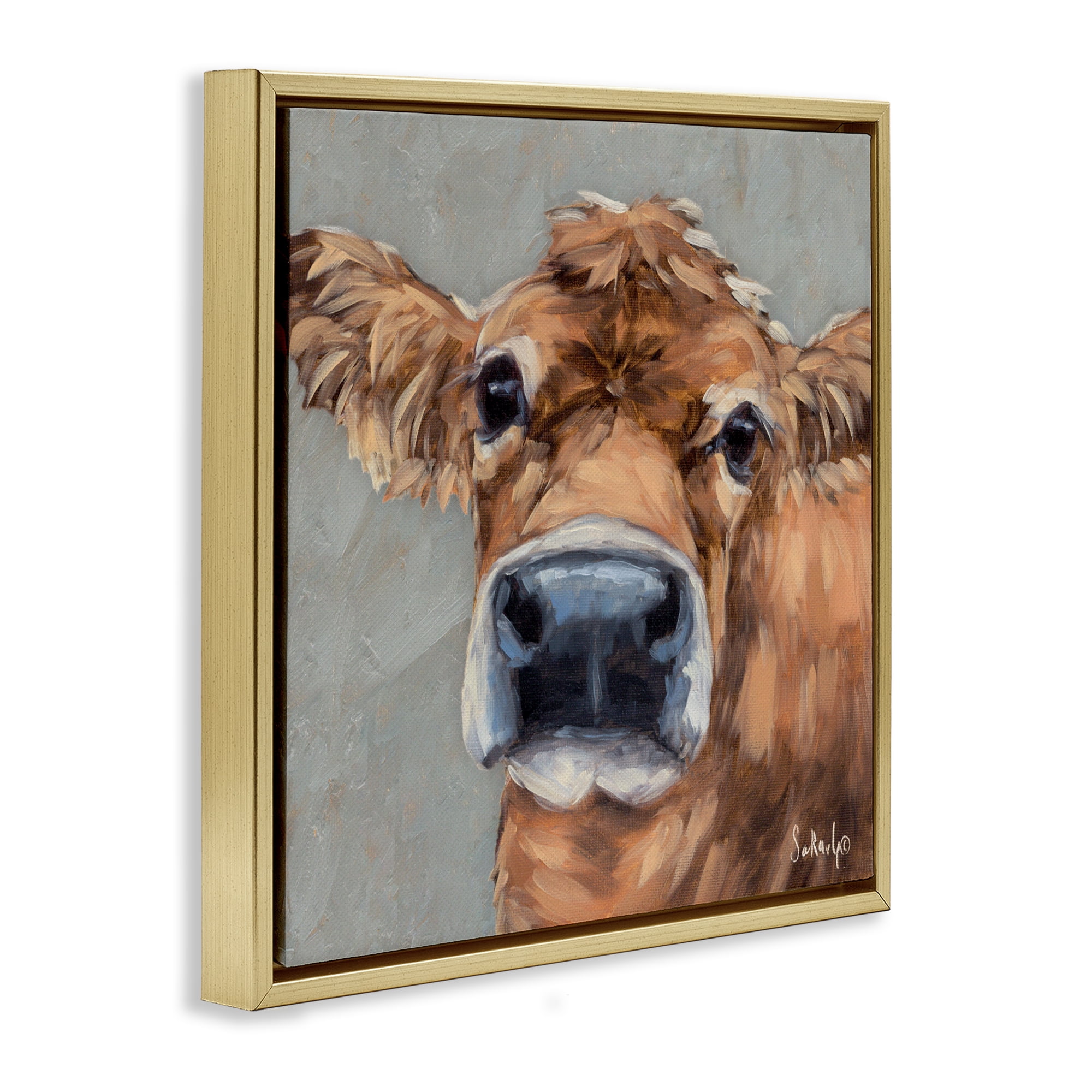 Stupell Industries Freckles The Cow Portrait Gold Framed Floater Canvas Wall Art, design by Sara G. Designs