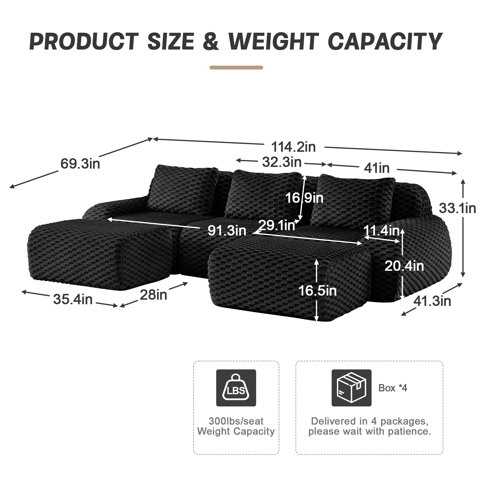 MAYEERTY 114" U-Shaped Modular Couch, Textured Flannelette, Movable Ottoman, Anti-Slip, No Assembly, Black