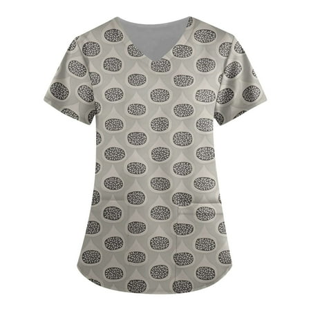 

Womens Work Tops Professional Fashion Easter Print Short Sleeve V-Neck Shirt Scrubs Tees with Pocket Blouses