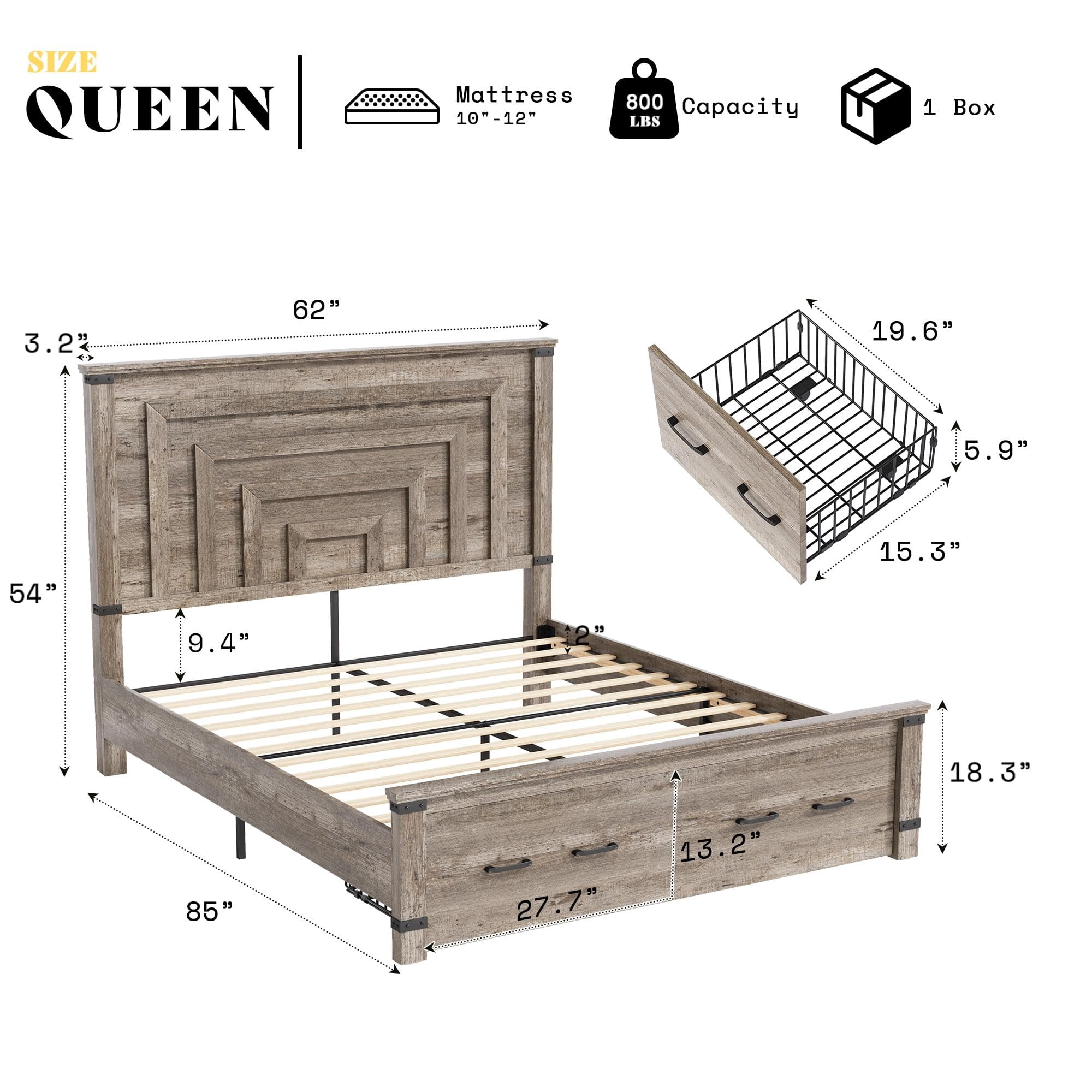 PLAUIN Farmhouse Queen Size Bed Frame, Rustic Wood Platform with Footboard & Wood Slats, Grey