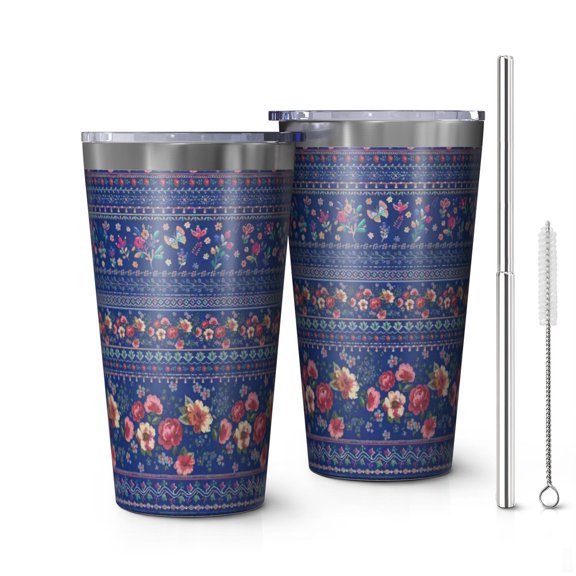 16oz Tumblers Pioneer Flower Floral Print Pattern Stainless Steel Vacuum Insulated Double Wall Travel Tumbler Cups Mug with Lid and Straw,Cleaning Brush for Coffee,Tea