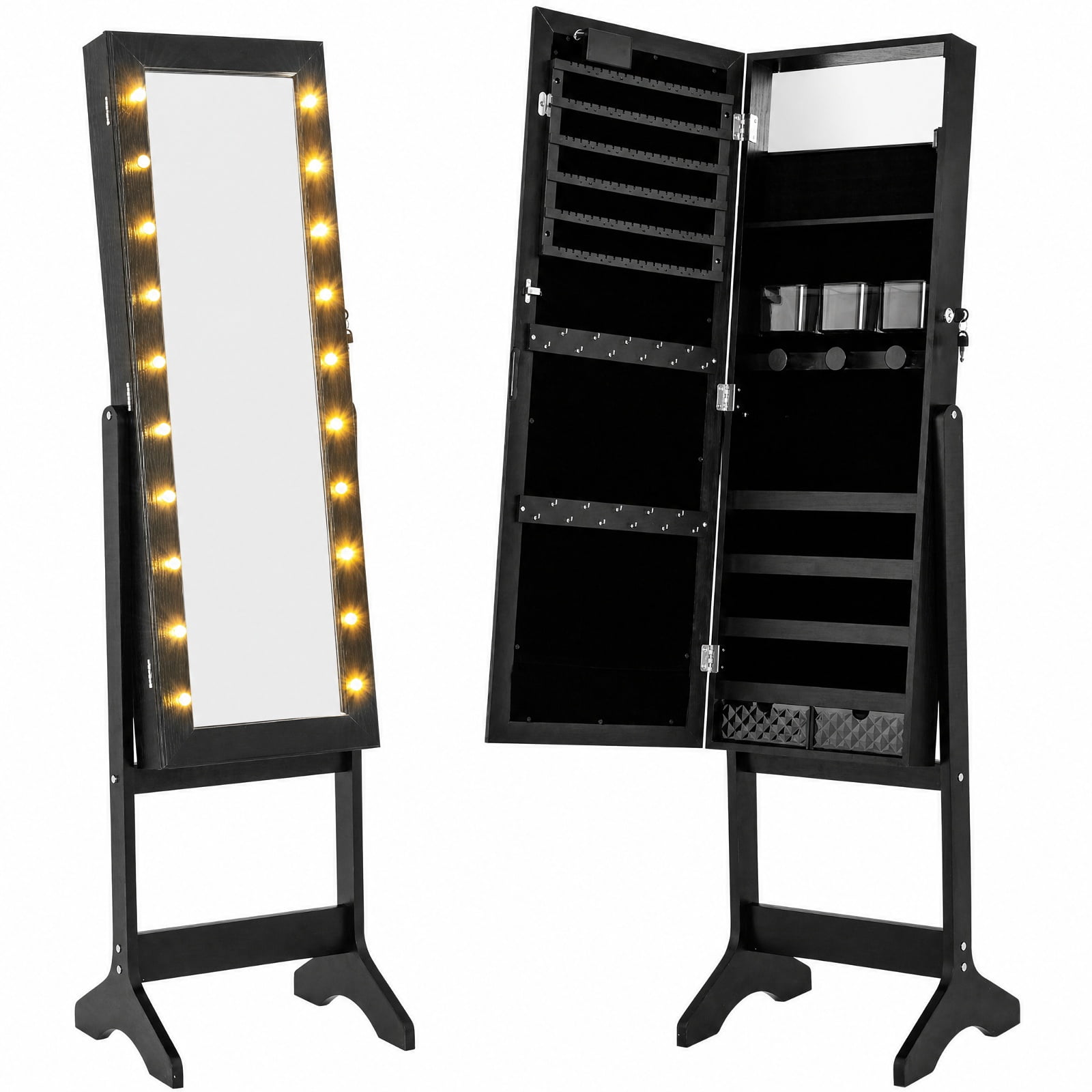 Furnibear Mirror Jewelry Cabinet with 20 Warm Lights and 4 Tilt Angles for Bedroom Dressing Room Jewelry Necklace Rings Storage Mirror, Black