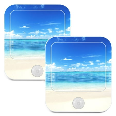 

Hawaii Sand Beach Sea Blue LED Motion Sensor Night Light Plug into Wall 2 Pack Auto Dusk to Dawn Adjustable