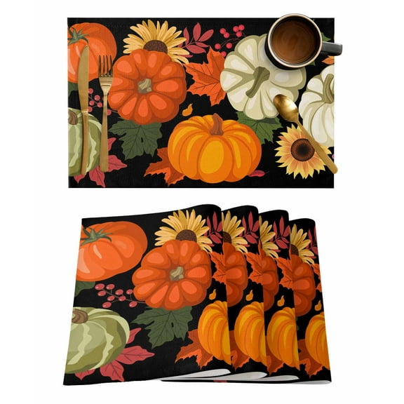 Placemats Set of 4 Thanksgiving Green Orange Pumpkin Fall Plant Sunflower Black Heat Insulation Washable Place Mats, Rustic Non-Slip Table Mats for Dining Table Party Kitchen Decor,13x19 Inch