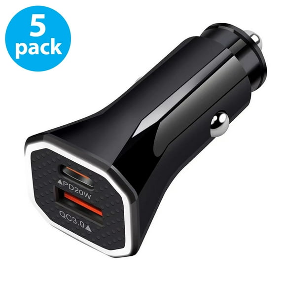 USB C Car Charger, 5-Pack USB Type C Fast Power Charging Block Dual Port USB A & USB C Plug Adapter Compatible with iPhone, iPad, Samsung Galaxy, LG, Google Pixel, Moto, USB-C Port (Black)