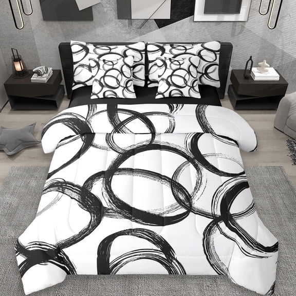 Erosebridal Geometric Circle Pattern 7-Piece Twin Bedding Sets,Modern Stripe Neutral Art Bedding Comforter Set,White And Black,Reversible