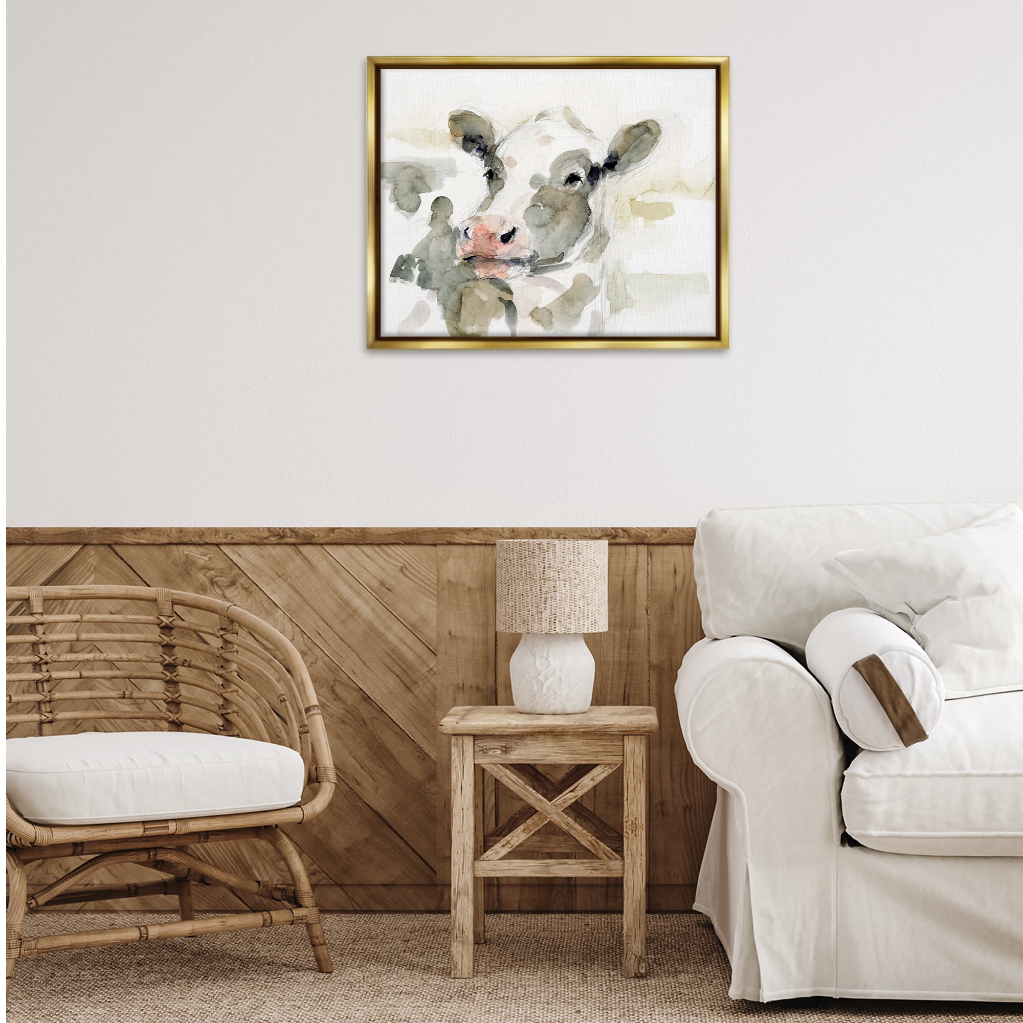 Stupell Industries Soft Painterly Cow Animals & Insects Painting Gold Floater Framed Canvas Art Print Wall Art, 31 x 25