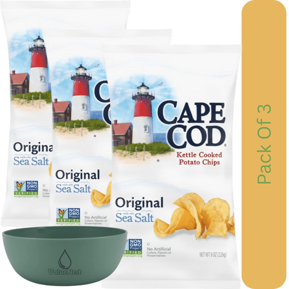 Cape Cod Original Sea Salt Kettle Cooked Potato Chips, 8 oz Snack Bag With Olive Green Bowl By ValueNest