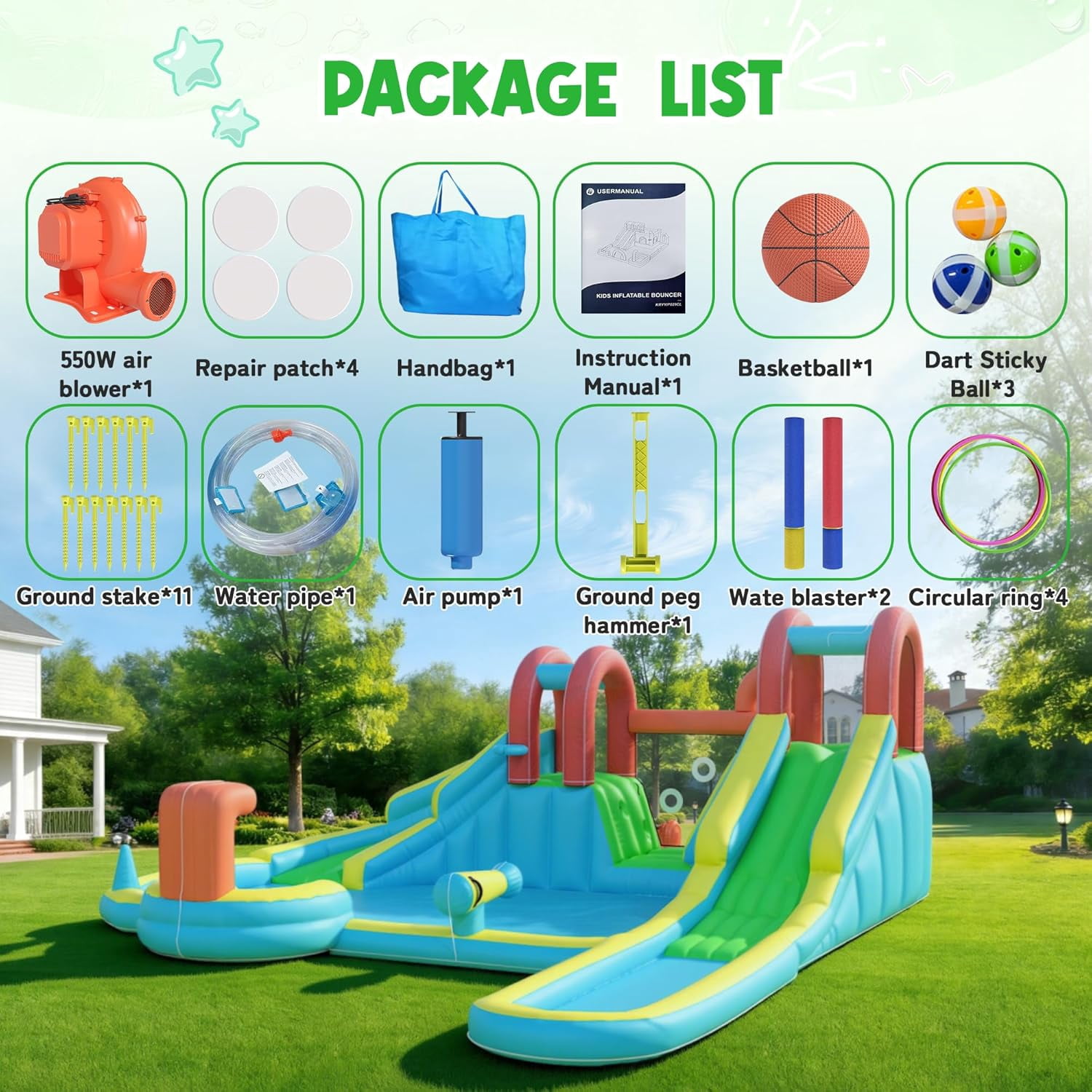 Inflatable Water Slide,10 in 1 Double Water Slide Bounce House for Kids 3-12 with Blower, Splash Pool, Water Cannon, Climbing Wall, Basketball Hoop for Kids Indoor Outdoor Backyard
