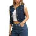 thumbnail image 2 of INSPIRE CHIC Women's Cropped Denim Cardigan Sleeveless Decor Pearl Jean Jacket Shrug XL Deep Blue, 2 of 5