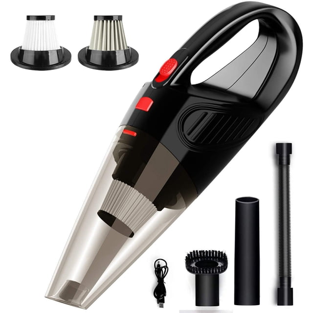 aspiradora portátil para automóvil: aspiradoras de mano, mini aspiradora manual inalámbrica con kit de alta potencia para detallar y limpiar el interior del automóvil (negro) 3/4 frontal de unidad negra con boquilla cónica transparente que muestra filtro plisado y mango con botón rojo; accesorios: cepillo redondo, boquilla estrecha, tubo flexible y cable USB; también apta para limpiar tapicería y rincones estrechos.