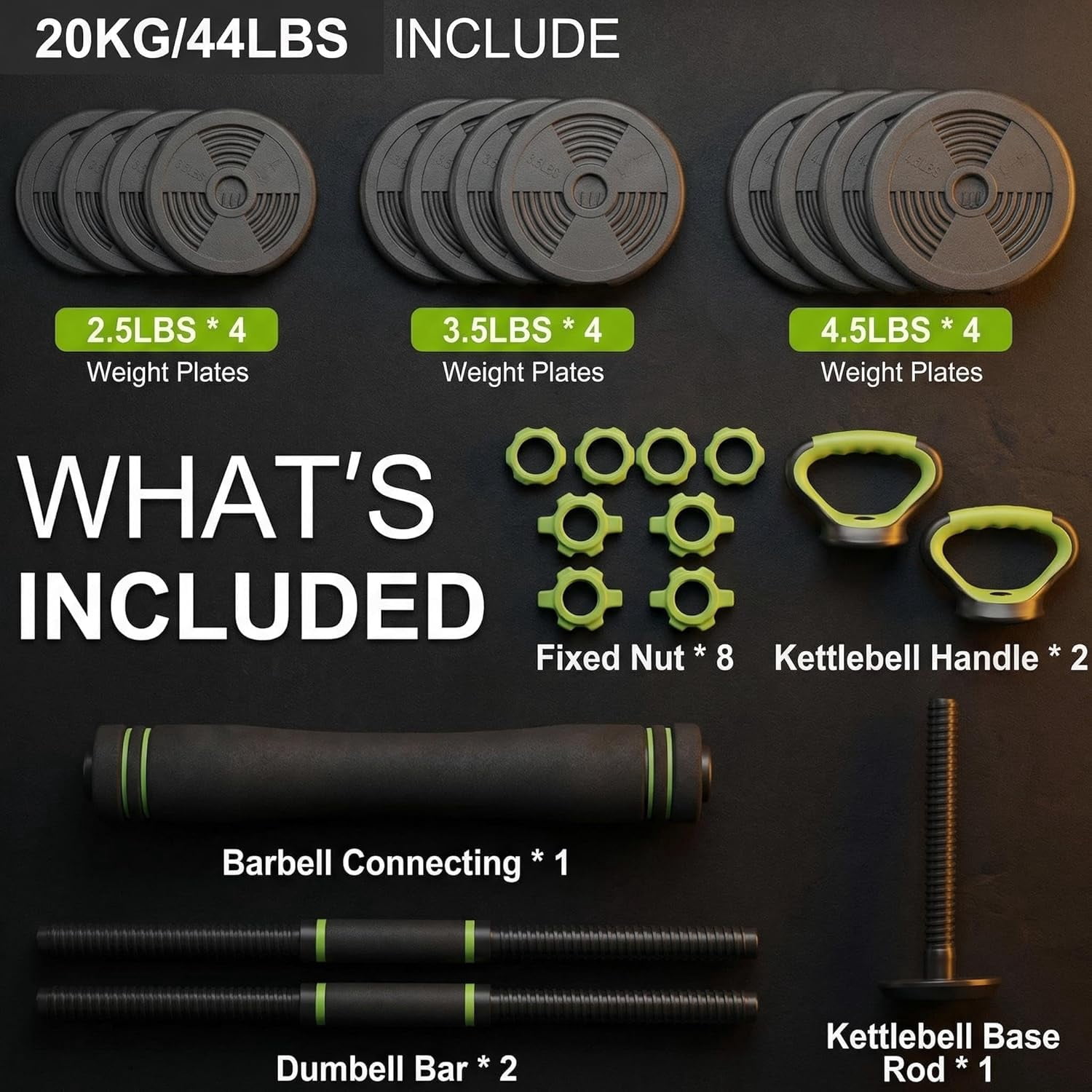 Adjustable Dumbbell Set 44LB, 4-in-1 Free Weight Set with Barbell & Kettlebell & Push-Up Handles, Compact All-in-One Home Gym for Men & Women, Anti-Slip Grip, Quiet Rubber-Coated Plates