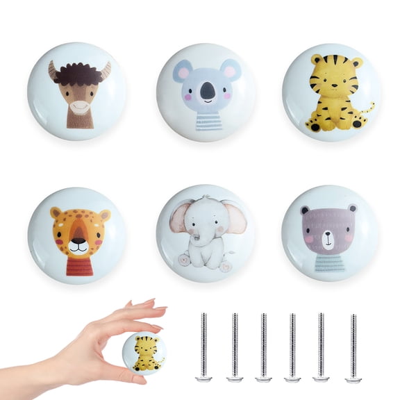 Jamjam 6 Pack 1.5"Ceramic Cute Safari Animal Nursery Kids Room Furniture Cabinet Dresser Drawer Knobs