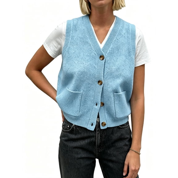 Women's V Neck Button Up Sleeveless Vest Sweater Knitted Casual Cardigan with Pockets