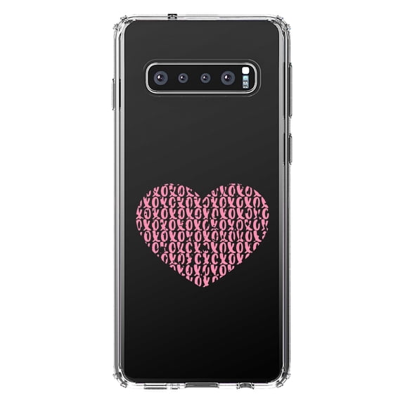 DistinctInk Clear Shockproof Hybrid Case for Samsung Galaxy S10  PLUS (6.4" Screen) - TPU Bumper Acrylic Back Tempered Glass Screen Protector - XOXO Heart Pink