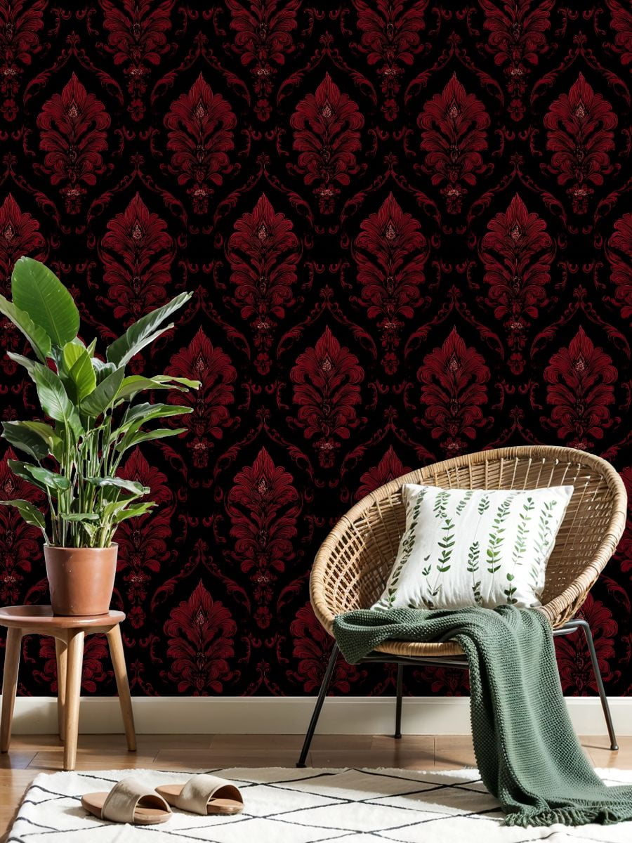 Peel and Stick Wallpaper Red Damask Floral Black Ornate Baroque Motifs Wall Mural 17.7in x 9.8ft Self Adhesive Removable Wall Paper Renter Friendly Wallpaper for Nursery Bedroom Cabinets